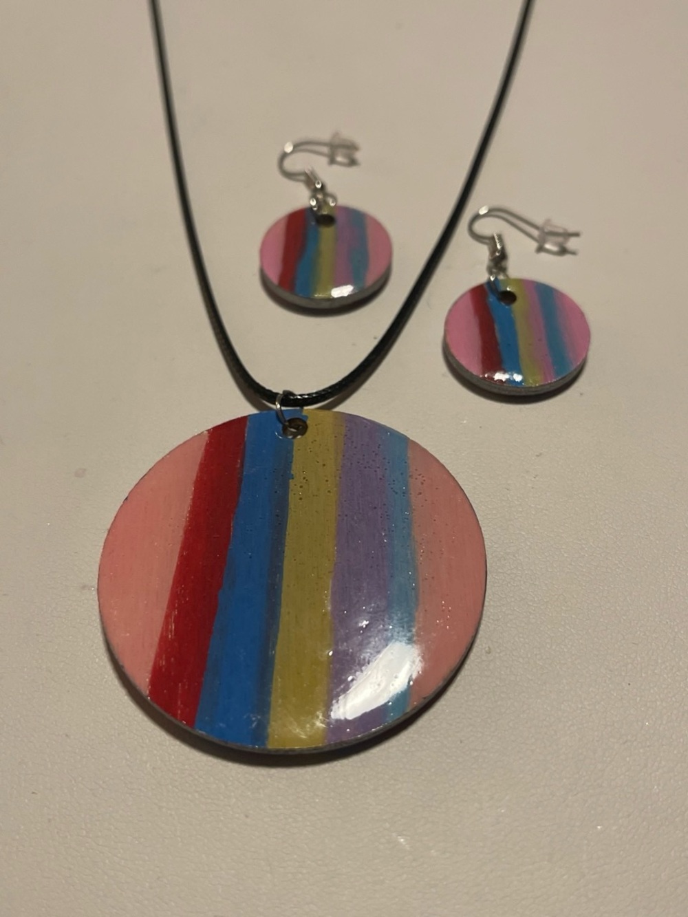 Multicolor Striped Pendant Necklace and Earring Set - Pink Accent